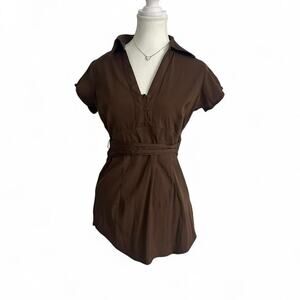 Cotton Works Stretch Baby Doll Collard Polo Short Sleeve Belted Top Size Medium